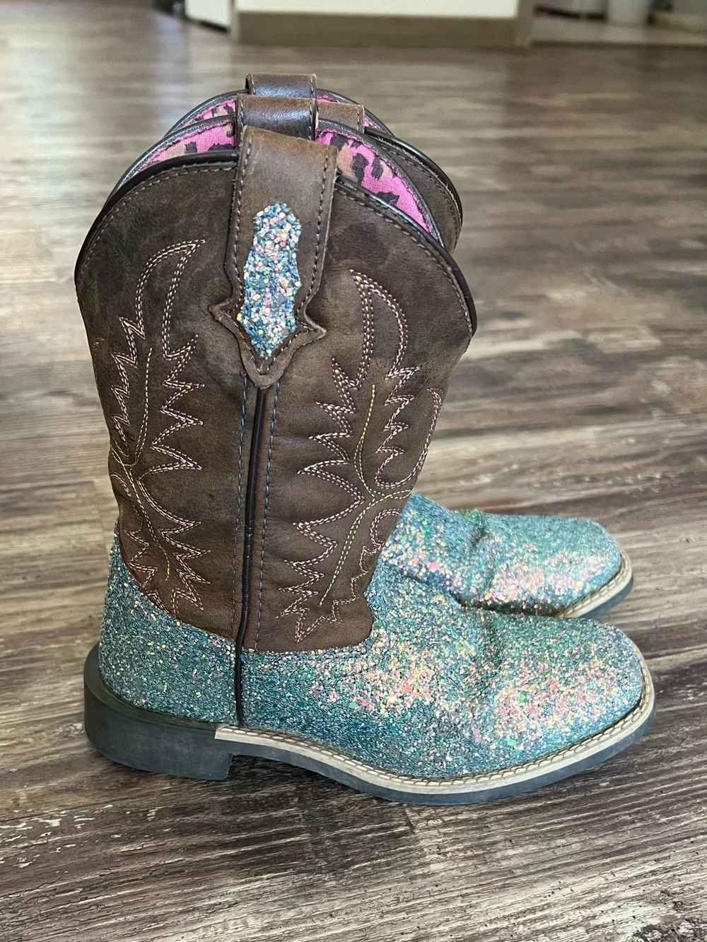 Girls Teal Glitter & Brown Western Boots - Stylish Pull-On